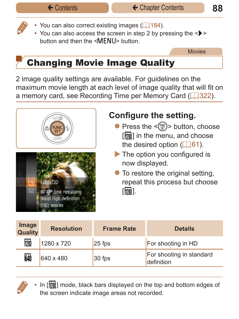 Changing movie image quality, Configure the setting | Canon PowerShot ELPH 115 IS User Manual | Page 88 / 335