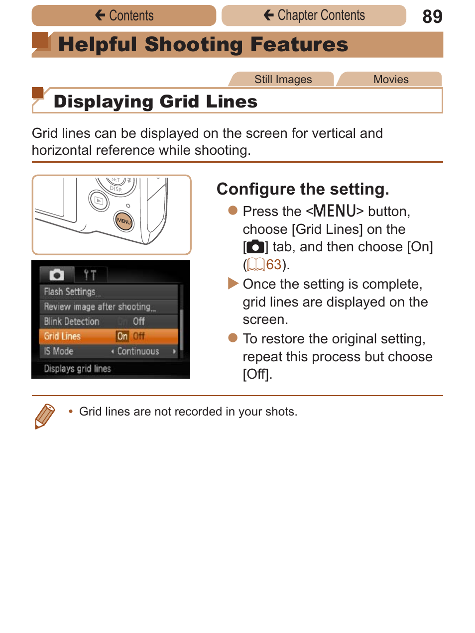 Helpful shooting features, Helpful shooting, Features | Displaying grid lines, Configure the setting | Canon PowerShot ELPH 115 IS User Manual | Page 89 / 335