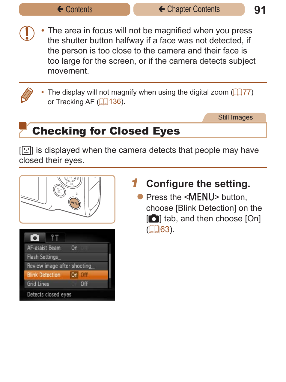 Checking for closed eyes, Configure the setting | Canon PowerShot ELPH 115 IS User Manual | Page 91 / 335