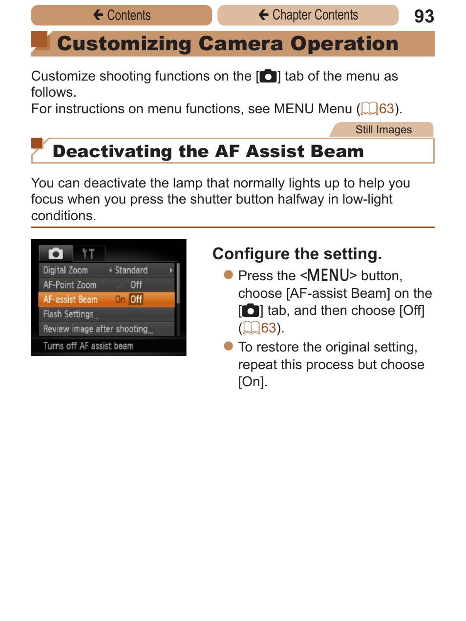 Customizing camera, Operation, Customizing camera operation | Deactivating the af assist beam, Configure the setting | Canon PowerShot ELPH 115 IS User Manual | Page 93 / 335