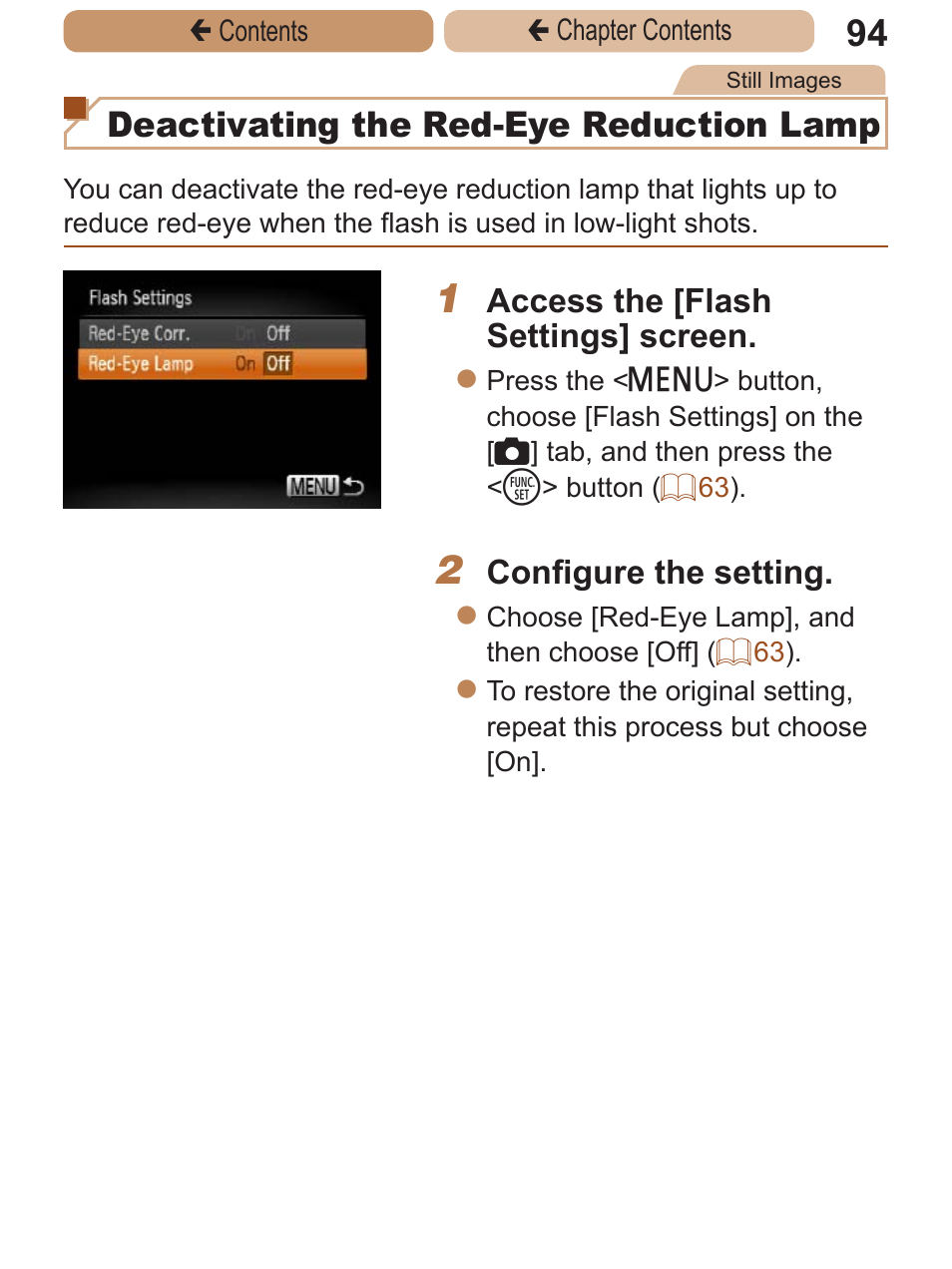 Deactivating the red-eye reduction lamp | Canon PowerShot ELPH 115 IS User Manual | Page 94 / 335