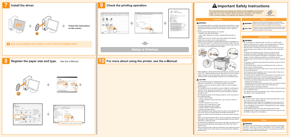 Important safety instructions, Setup is finished, See the e-manual | Follow the instructions on the screen | Canon Color imageCLASS LBP7780Cdn User Manual | Page 2 / 2