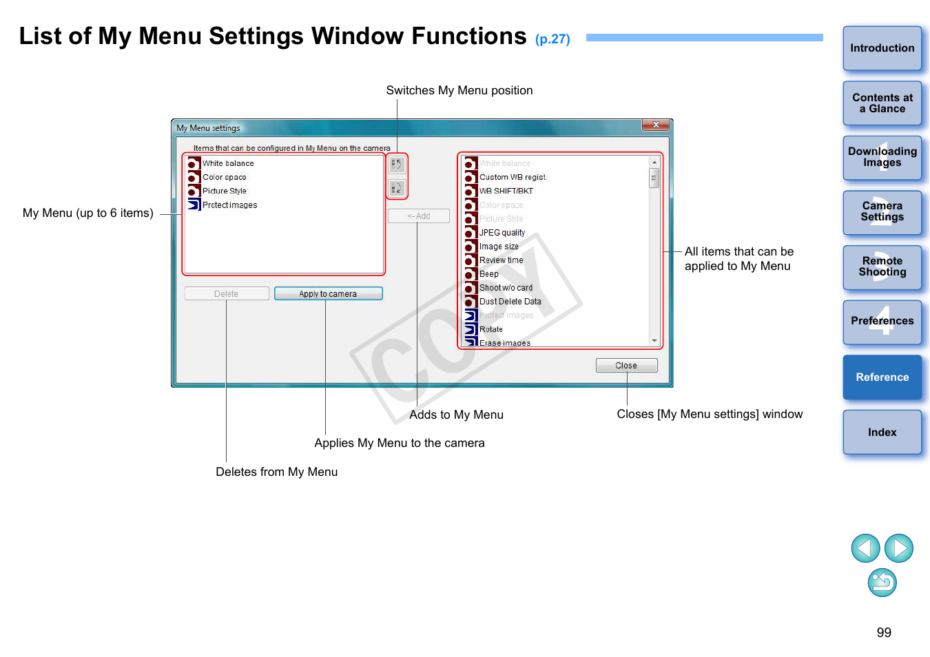 List of my menu settings window functions, P.99, Cop y | Canon EOS Rebel T5i 18-55mm IS STM Lens Kit User Manual | Page 100 / 110