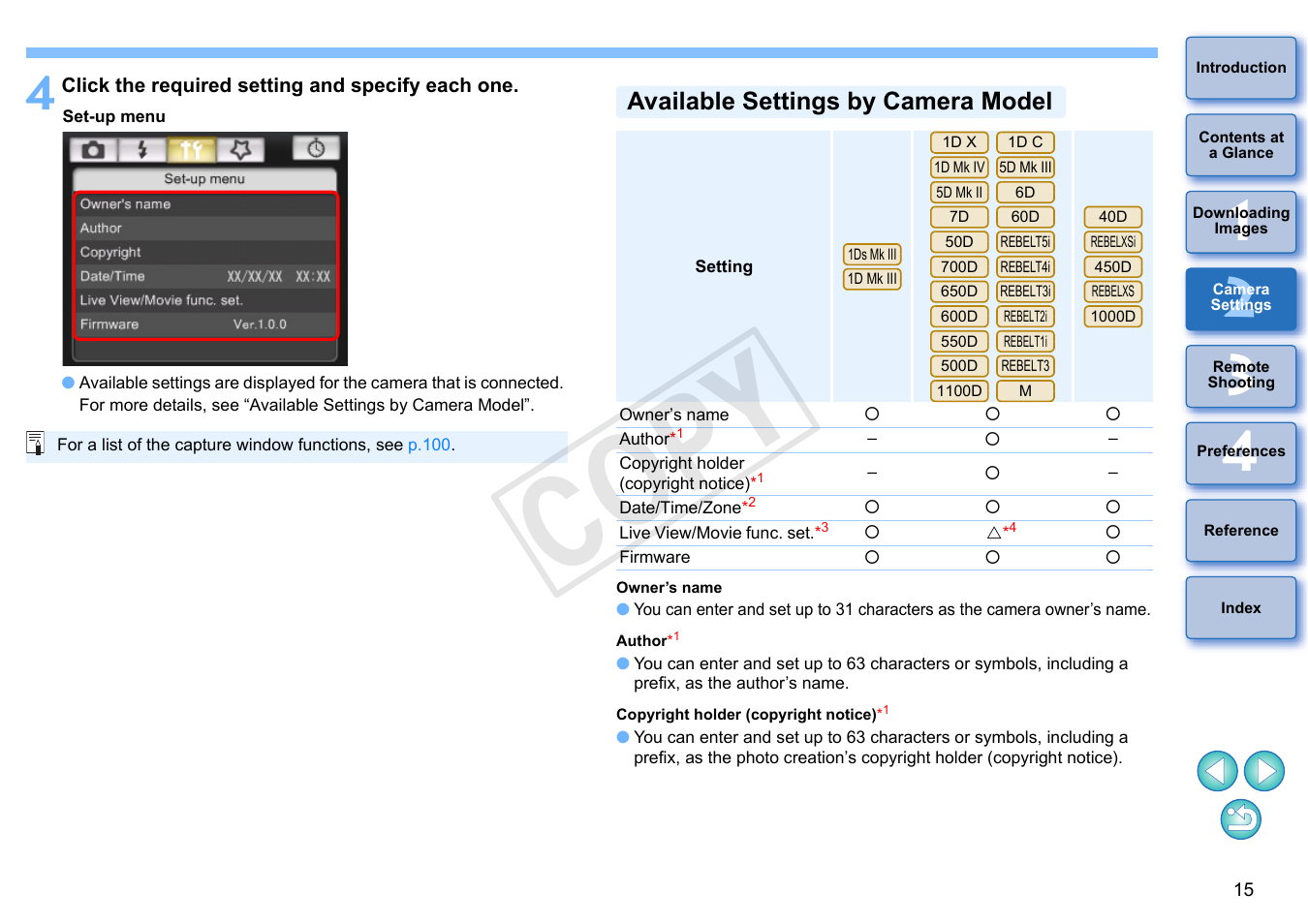 Available settings by camera model, Cop y | Canon EOS Rebel T5i 18-55mm IS STM Lens Kit User Manual | Page 16 / 110