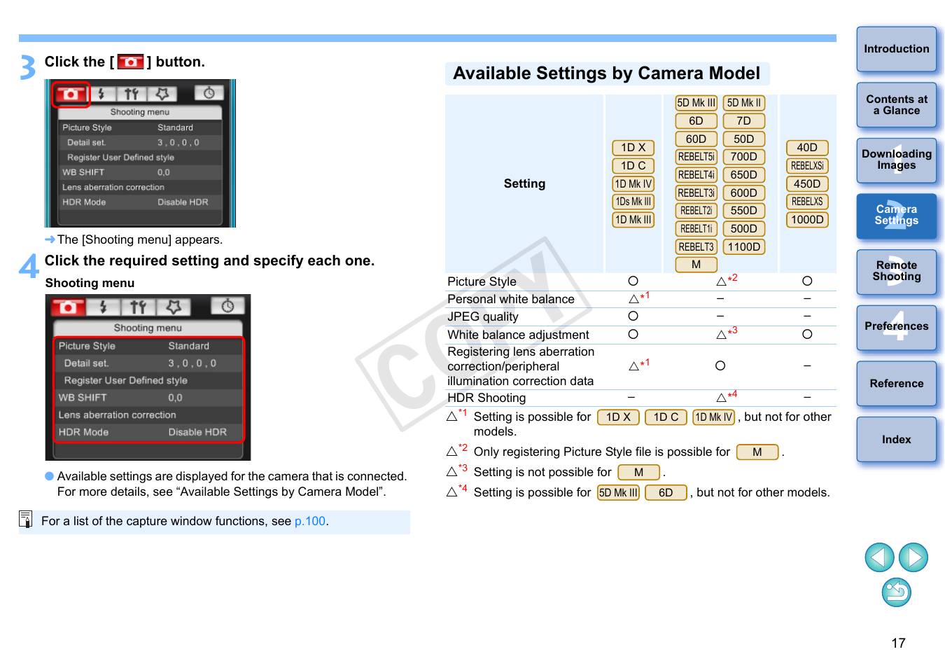 Available settings by camera model, Cop y | Canon EOS Rebel T5i 18-55mm IS STM Lens Kit User Manual | Page 18 / 110