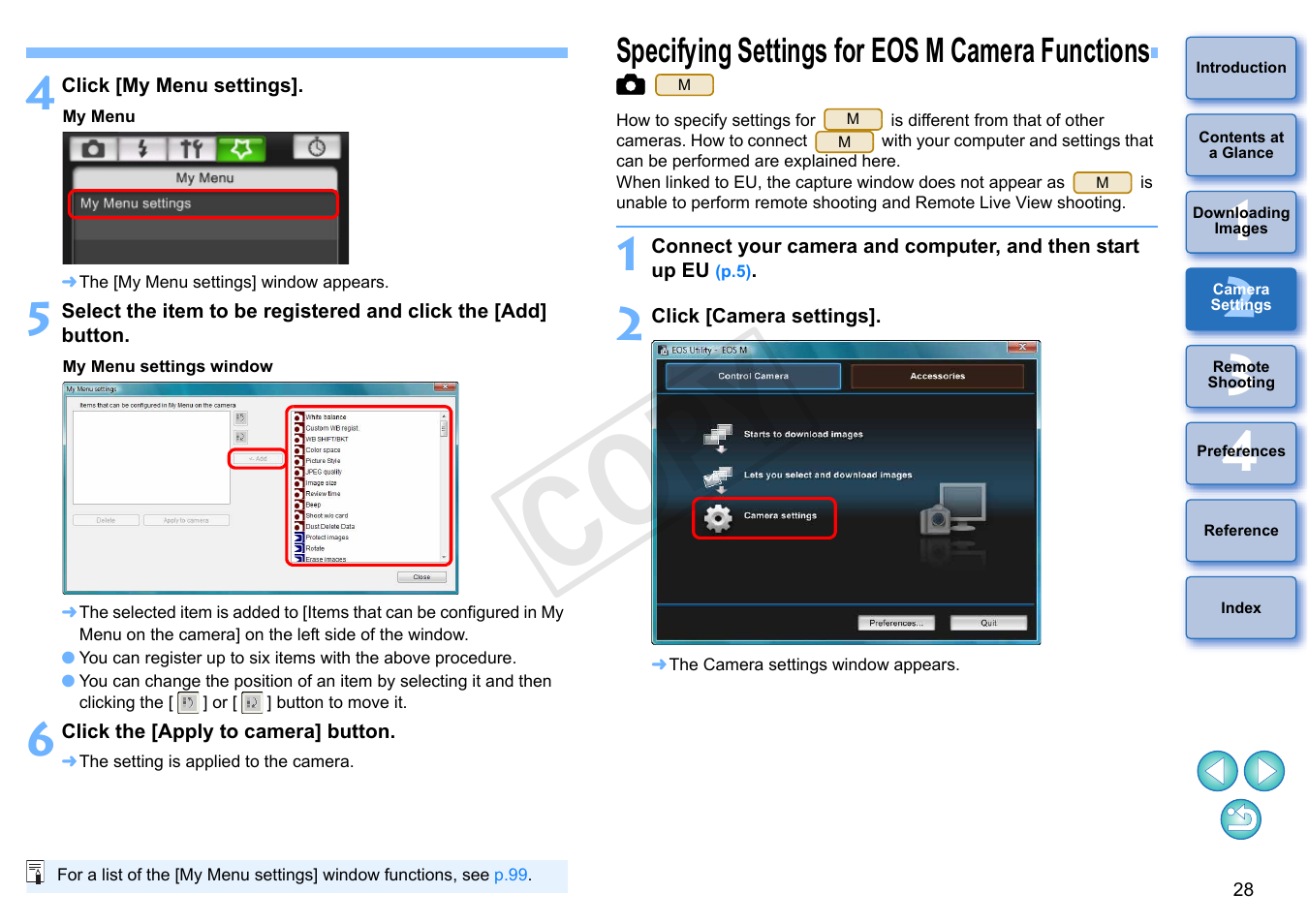 Specifying settings for eos m camera functions, P.28, P.28) | Cop y | Canon EOS Rebel T5i 18-55mm IS STM Lens Kit User Manual | Page 29 / 110