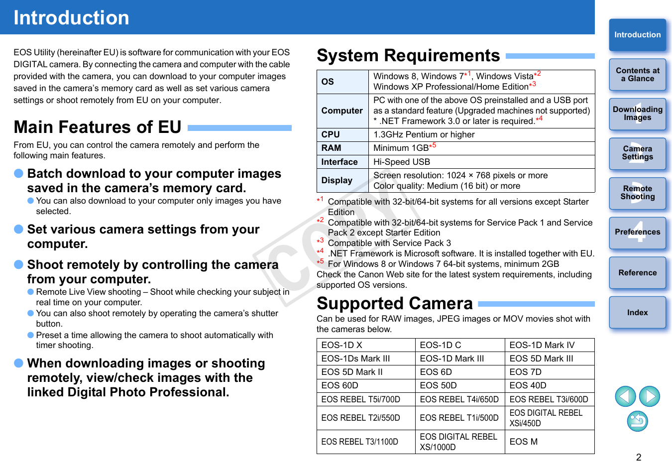 Introduction, Main features of eu, System requirements | Supported camera, Cop y | Canon EOS Rebel T5i 18-55mm IS STM Lens Kit User Manual | Page 3 / 110