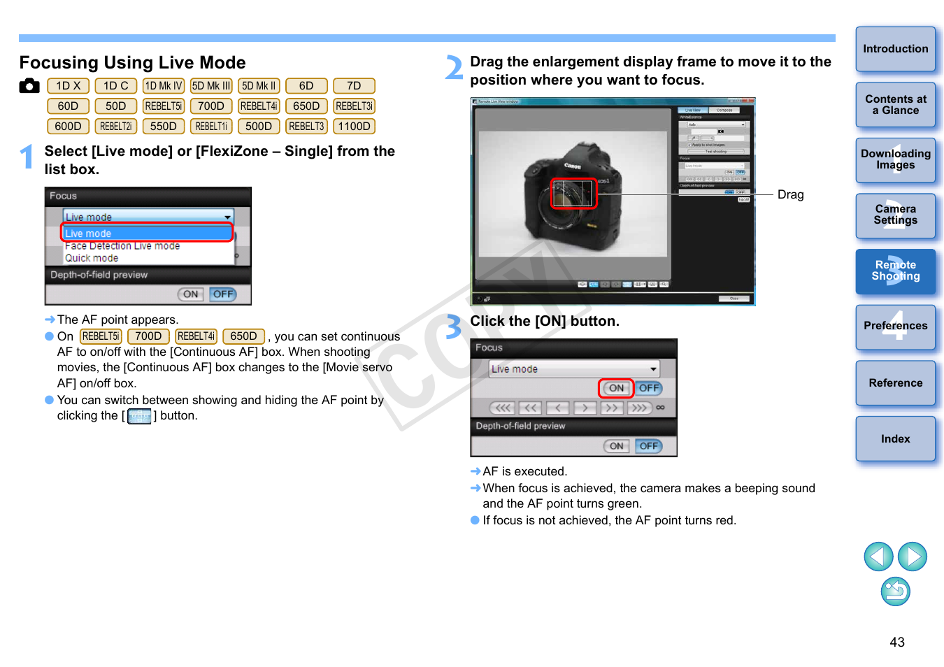 Focusing using live mode, Cop y | Canon EOS Rebel T5i 18-55mm IS STM Lens Kit User Manual | Page 44 / 110