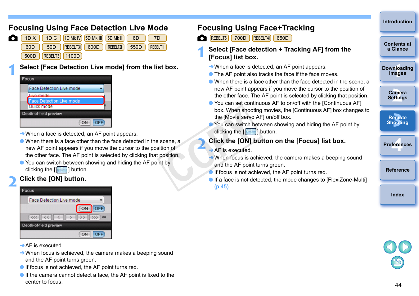 Focusing using face detection live mode, Focusing using face+tracking, Cop y | Canon EOS Rebel T5i 18-55mm IS STM Lens Kit User Manual | Page 45 / 110