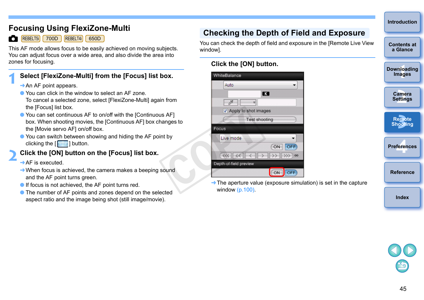 Focusing using flexizone-multi, Checking the depth of field and exposure, P.45) | Cop y | Canon EOS Rebel T5i 18-55mm IS STM Lens Kit User Manual | Page 46 / 110