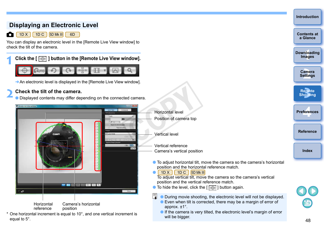 P.48, Displaying an electronic level, Cop y | Canon EOS Rebel T5i 18-55mm IS STM Lens Kit User Manual | Page 49 / 110