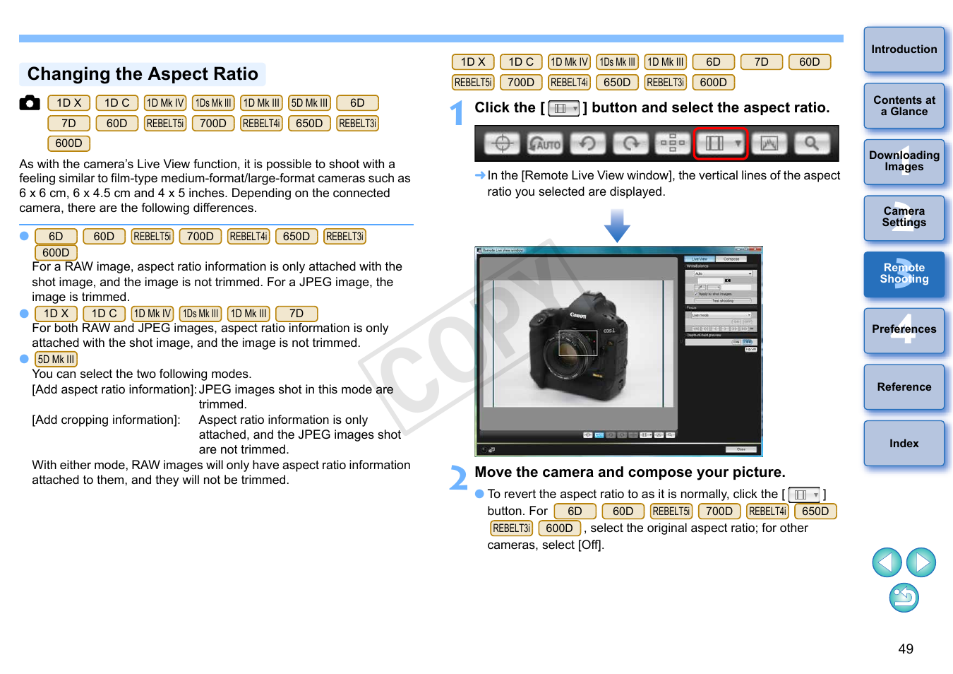 P.49, Changing the aspect ratio, Cop y | Canon EOS Rebel T5i 18-55mm IS STM Lens Kit User Manual | Page 50 / 110