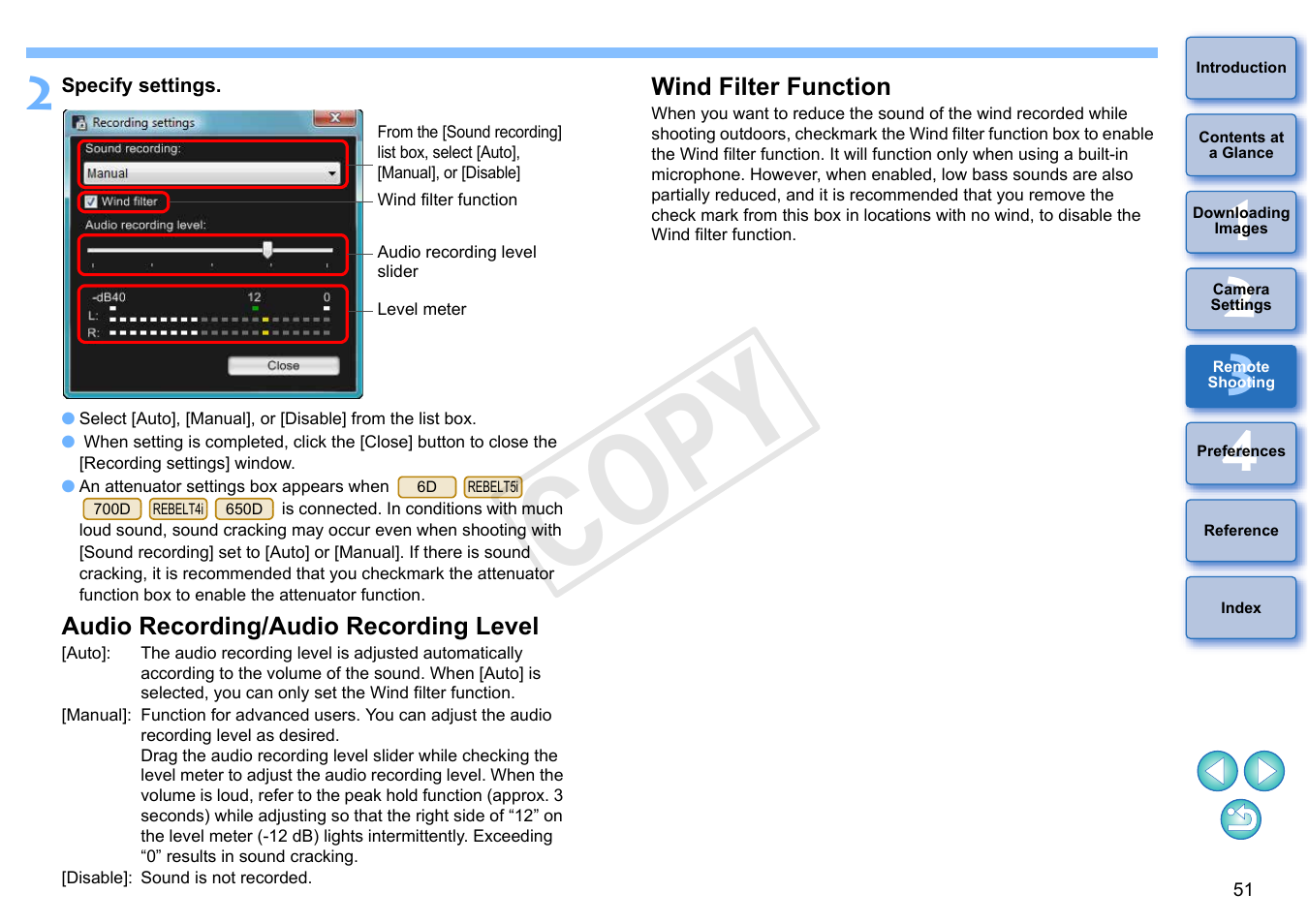 Audio recording/audio recording level, Wind filter function, Cop y | Canon EOS Rebel T5i 18-55mm IS STM Lens Kit User Manual | Page 52 / 110