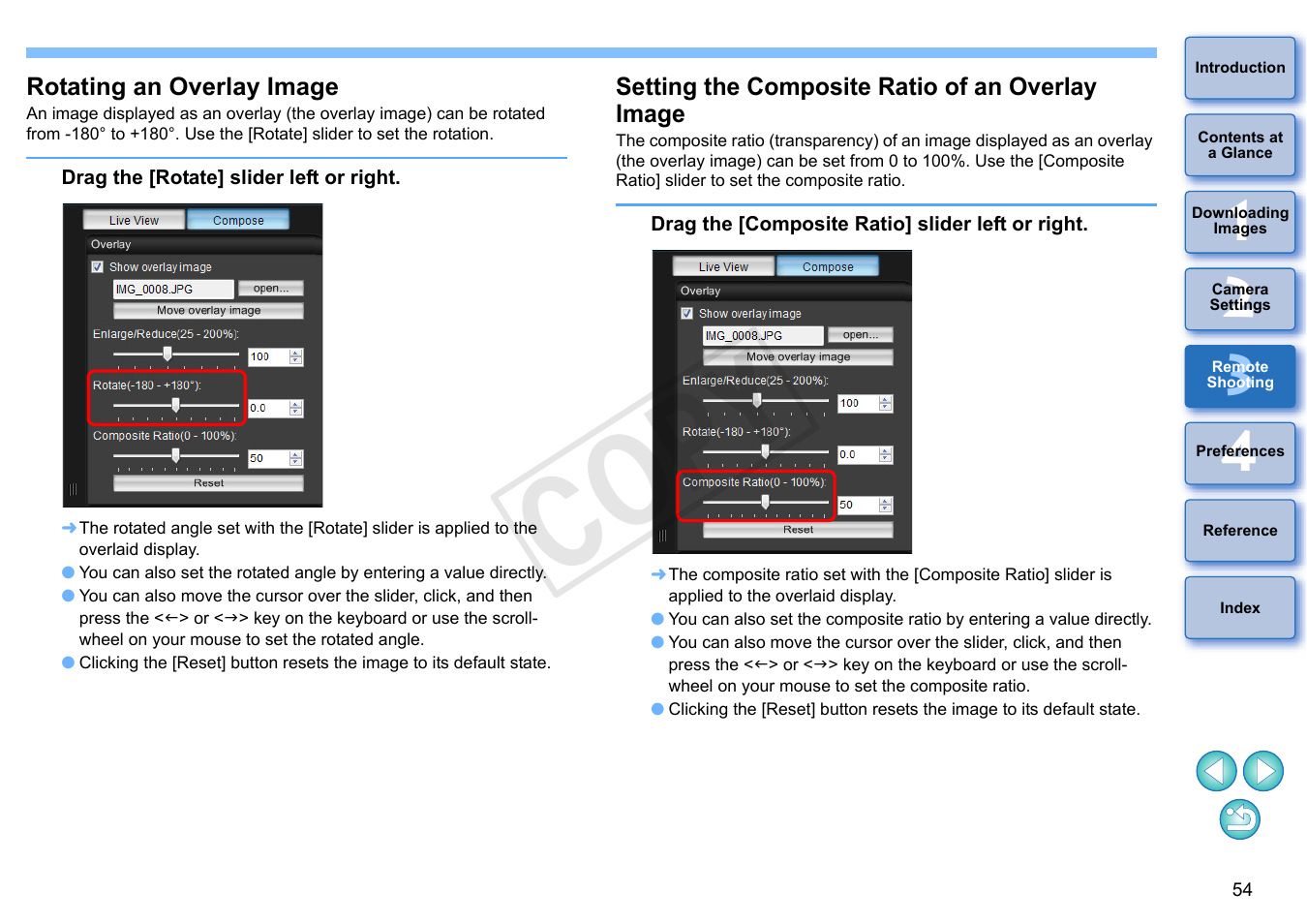 Rotating an overlay image, Setting the composite ratio of an overlay image, P.54) | Cop y | Canon EOS Rebel T5i 18-55mm IS STM Lens Kit User Manual | Page 55 / 110