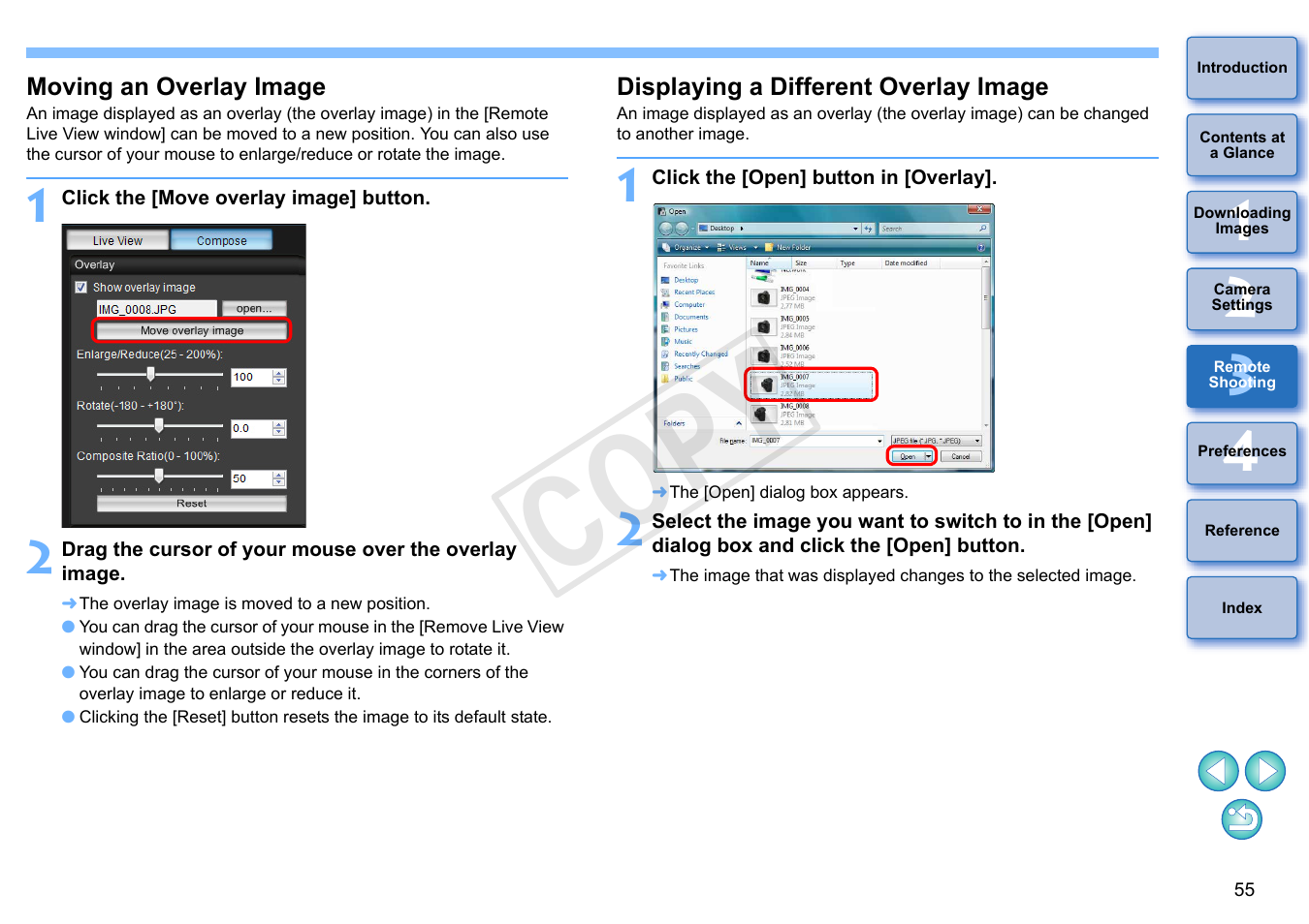 Moving an overlay image, Displaying a different overlay image, Cop y | Canon EOS Rebel T5i 18-55mm IS STM Lens Kit User Manual | Page 56 / 110