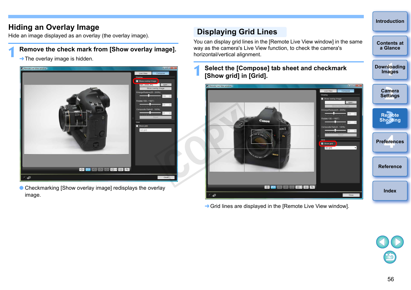 Hiding an overlay image, Displaying grid lines, Cop y | Canon EOS Rebel T5i 18-55mm IS STM Lens Kit User Manual | Page 57 / 110