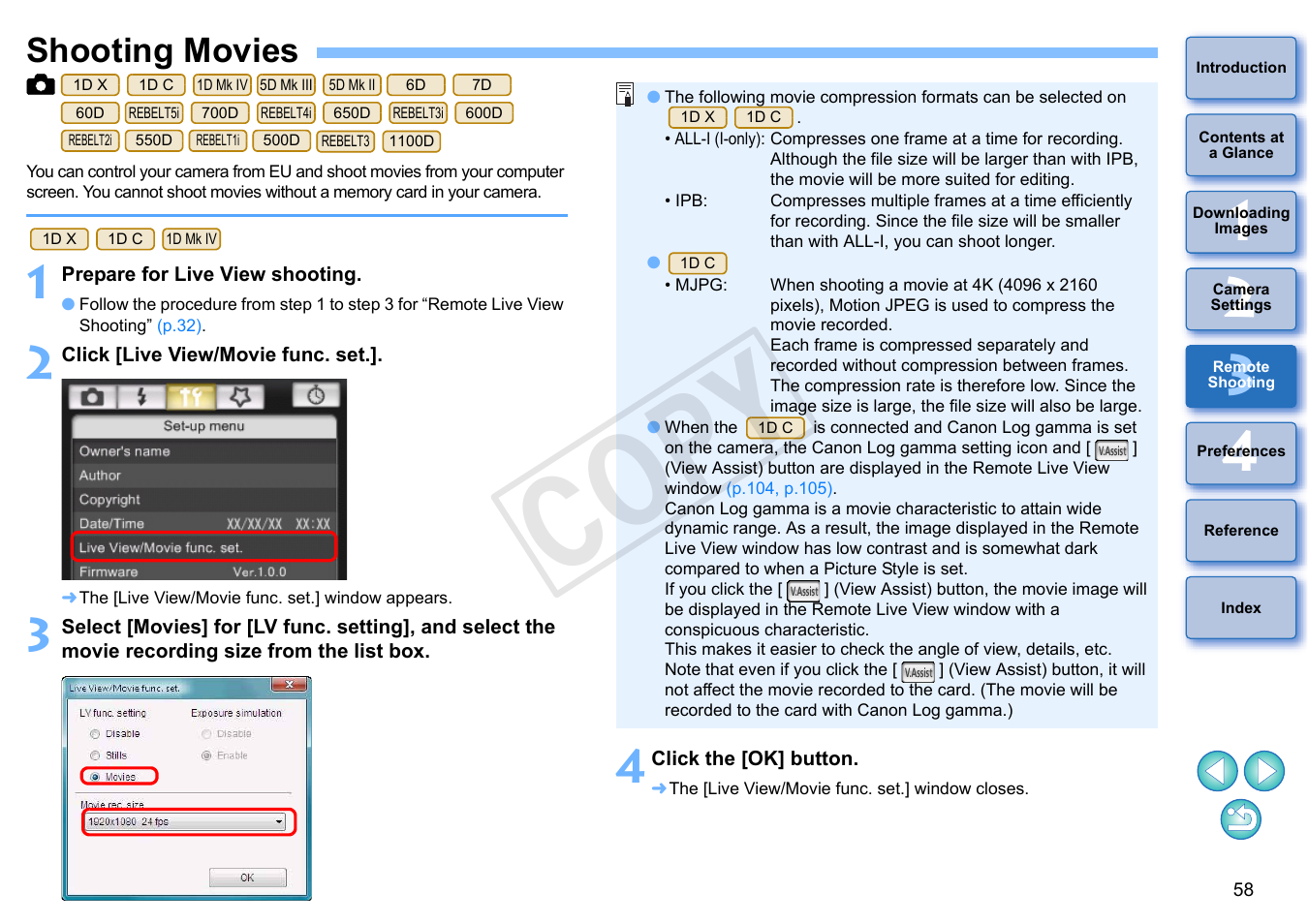 Shooting movies, P.58, C op y | Canon EOS Rebel T5i 18-55mm IS STM Lens Kit User Manual | Page 59 / 110