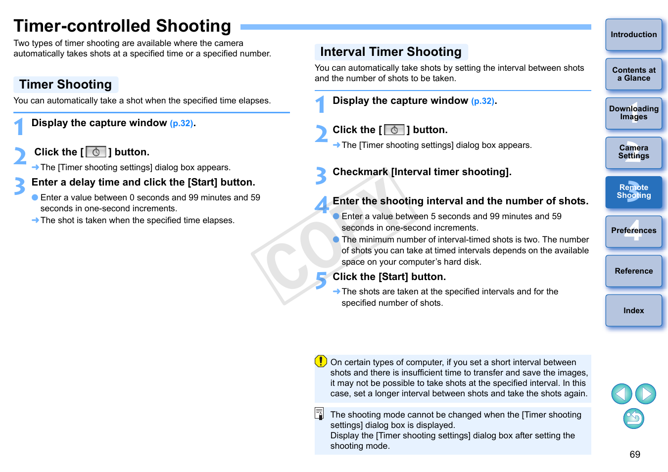 Timer-controlled shooting, P.69, Timer shooting | Interval timer shooting, Cop y | Canon EOS Rebel T5i 18-55mm IS STM Lens Kit User Manual | Page 70 / 110