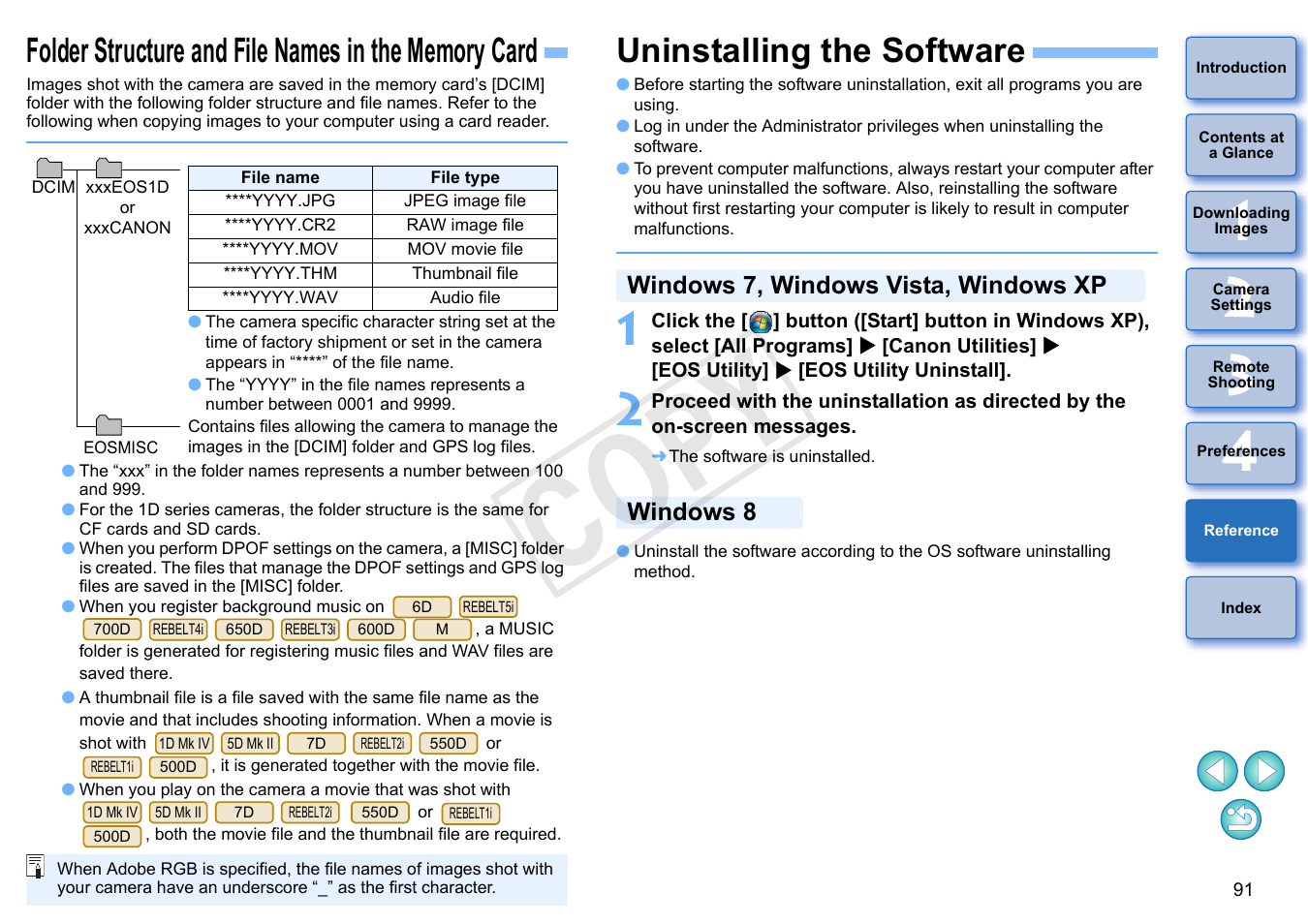 Folder structure and file names in the memory card, Uninstalling the software, P.91 | Cop y | Canon EOS Rebel T5i 18-55mm IS STM Lens Kit User Manual | Page 92 / 110