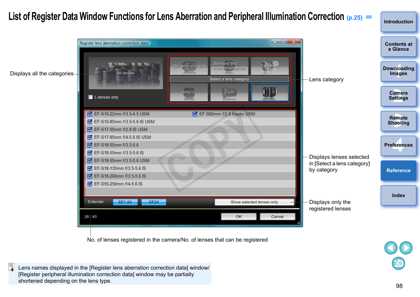 P.98, List of register data window functions for lens, Aberration and peripheral illumination correction | Cop y | Canon EOS Rebel T5i 18-55mm IS STM Lens Kit User Manual | Page 99 / 110