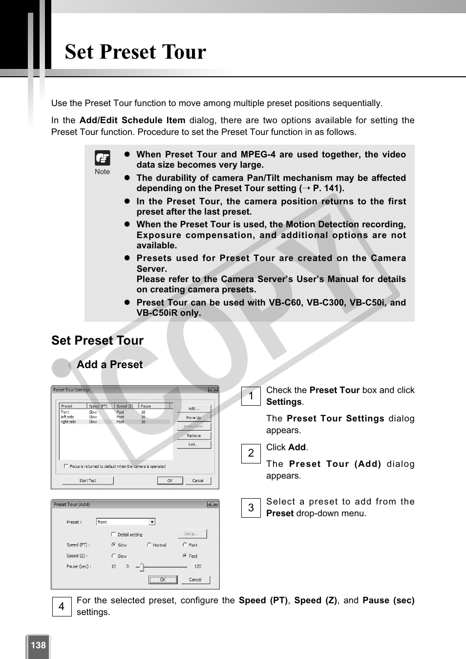 Cop y, Set preset tour | Canon VB-C60 User Manual | Page 138 / 302