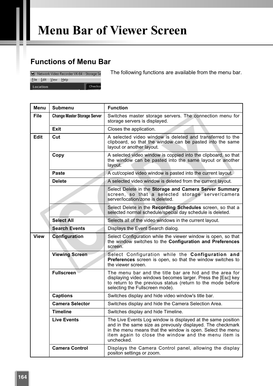 Cop y, Menu bar of viewer screen | Canon VB-C60 User Manual | Page 164 / 302