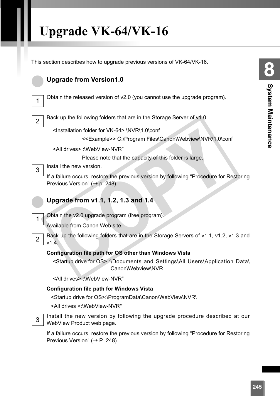 Cop y, Upgrade vk-64/vk-16 | Canon VB-C60 User Manual | Page 245 / 302