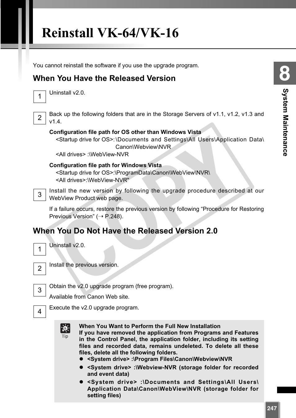 Cop y, Reinstall vk-64/vk-16 | Canon VB-C60 User Manual | Page 247 / 302