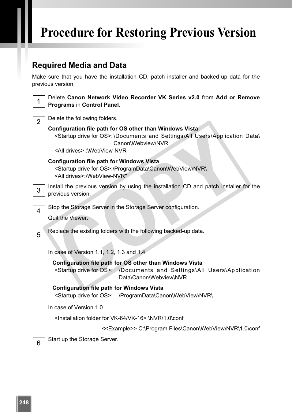 Cop y, Procedure for restoring previous version | Canon VB-C60 User Manual | Page 248 / 302