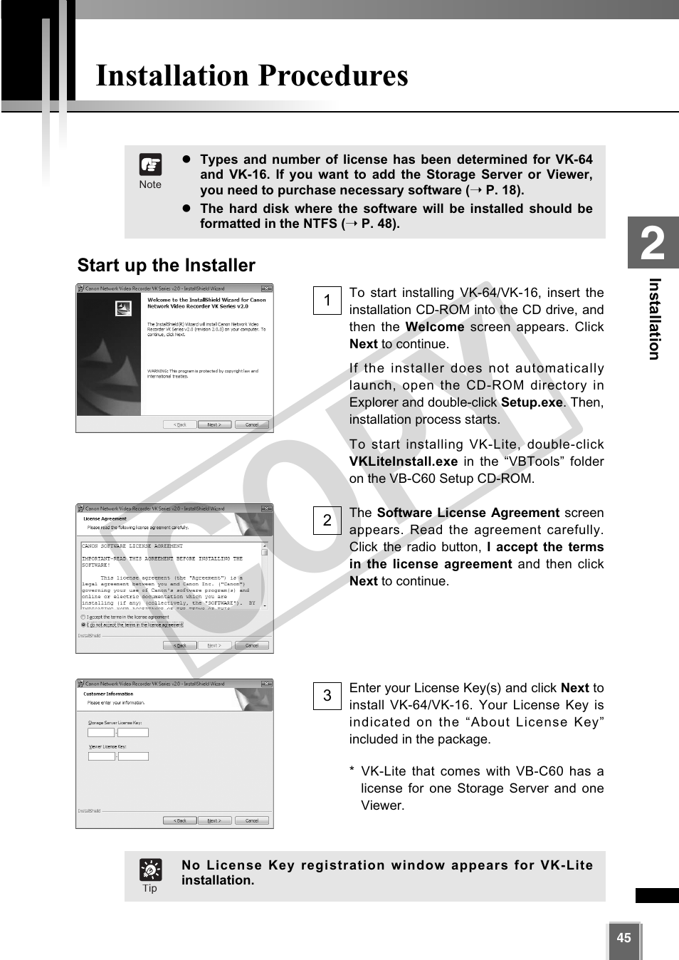 Cop y, Installation procedures | Canon VB-C60 User Manual | Page 45 / 302