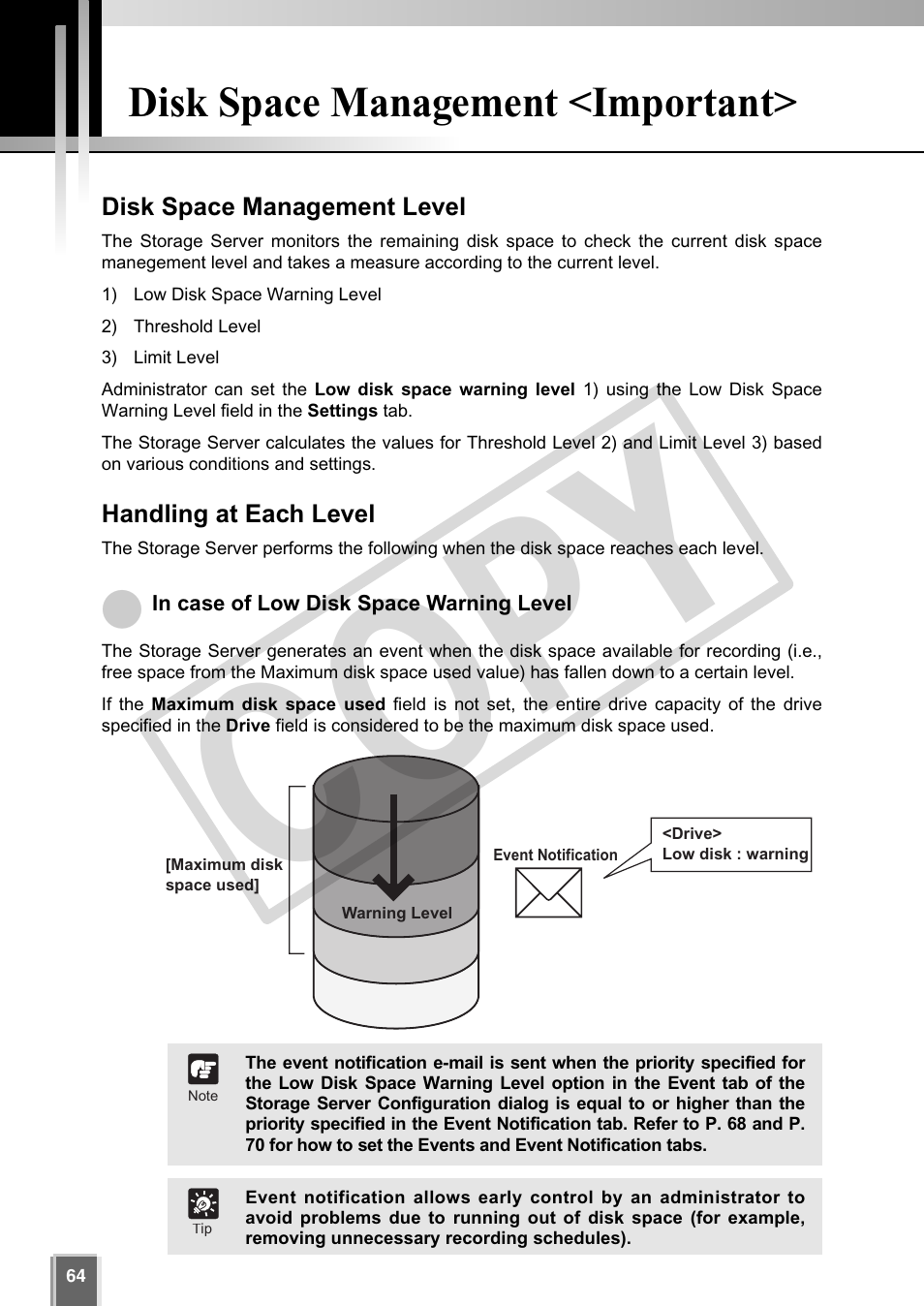 Cop y, Disk space management <important | Canon VB-C60 User Manual | Page 64 / 302