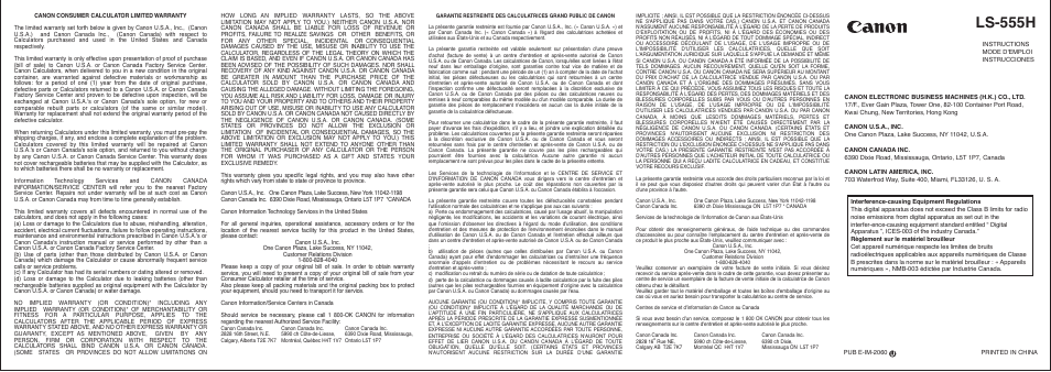 Canon LS-555H User Manual | 2 pages