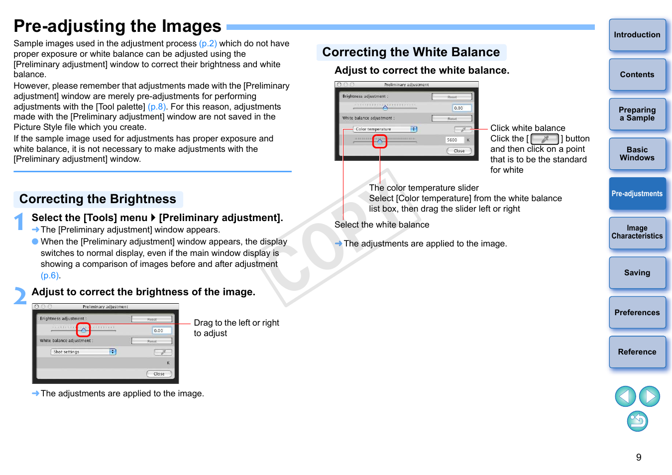 Pre-adjusting the images, Pre-adjustments, Correcting the brightness | Correcting the white balance, Cop y | Canon EOS Rebel SL1 18-55mm IS STM Lens Kit User Manual | Page 10 / 22