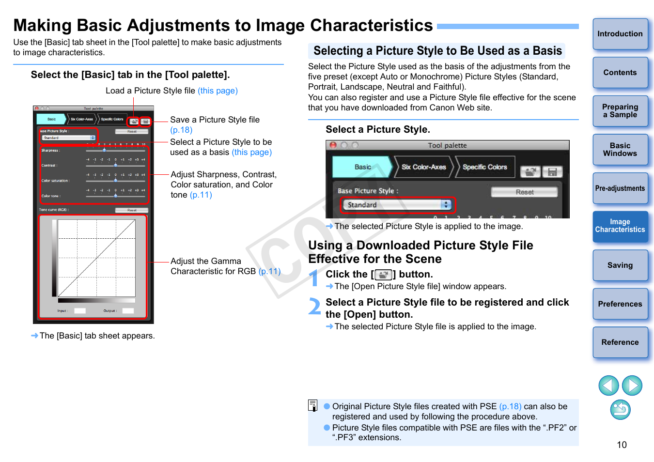 Making basic adjustments to image characteristics, Image, Characteristics | Selecting a picture style to be used as a basis, P.10), C op y | Canon EOS Rebel SL1 18-55mm IS STM Lens Kit User Manual | Page 11 / 22