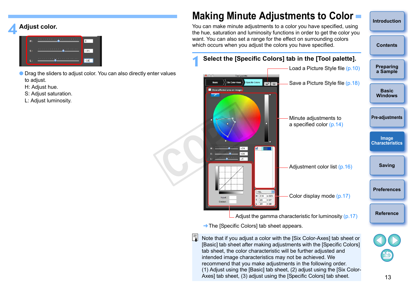 Making minute adjustments to color, P.13), Cop y | Canon EOS Rebel SL1 18-55mm IS STM Lens Kit User Manual | Page 14 / 22