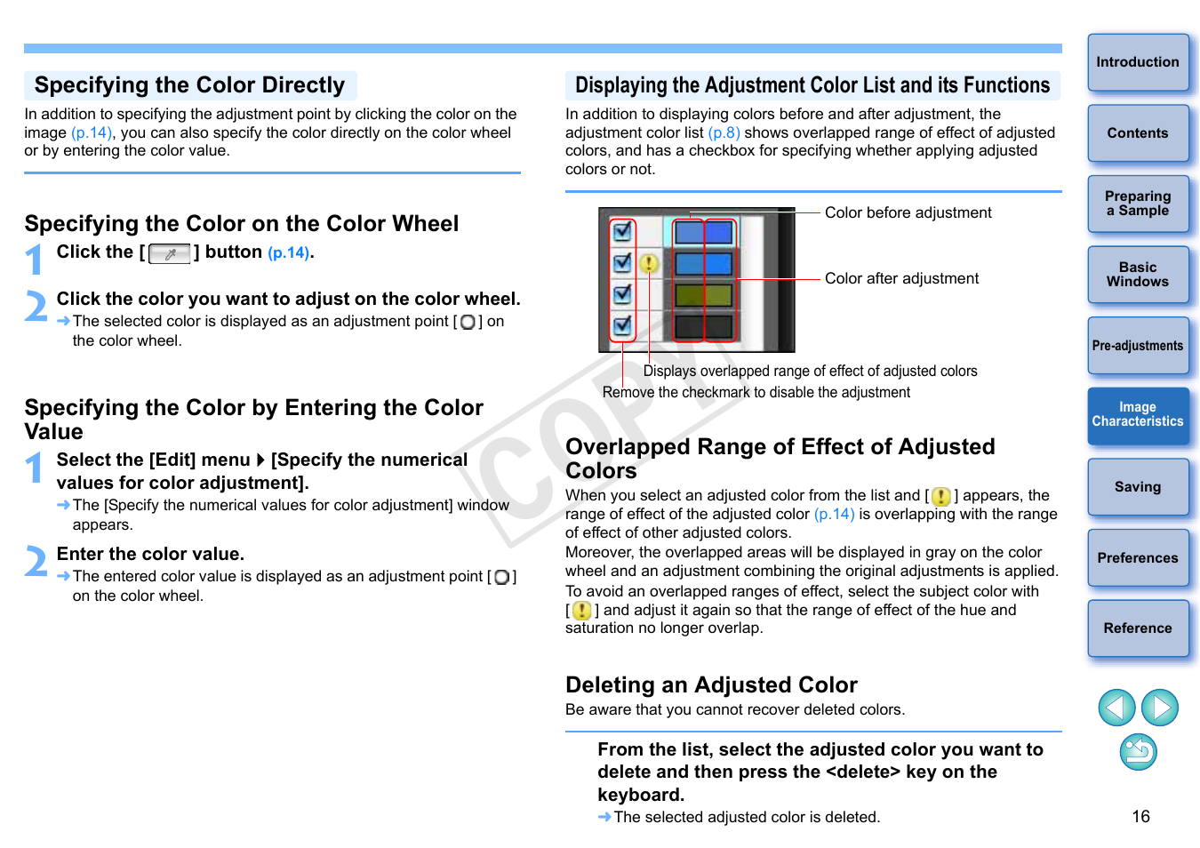 Specifying the color directly, Specifying the color on the color wheel, Specifying the color by entering the color value | Overlapped range of effect of adjusted colors, Deleting an adjusted color, P.16), Cop y | Canon EOS Rebel SL1 18-55mm IS STM Lens Kit User Manual | Page 17 / 22