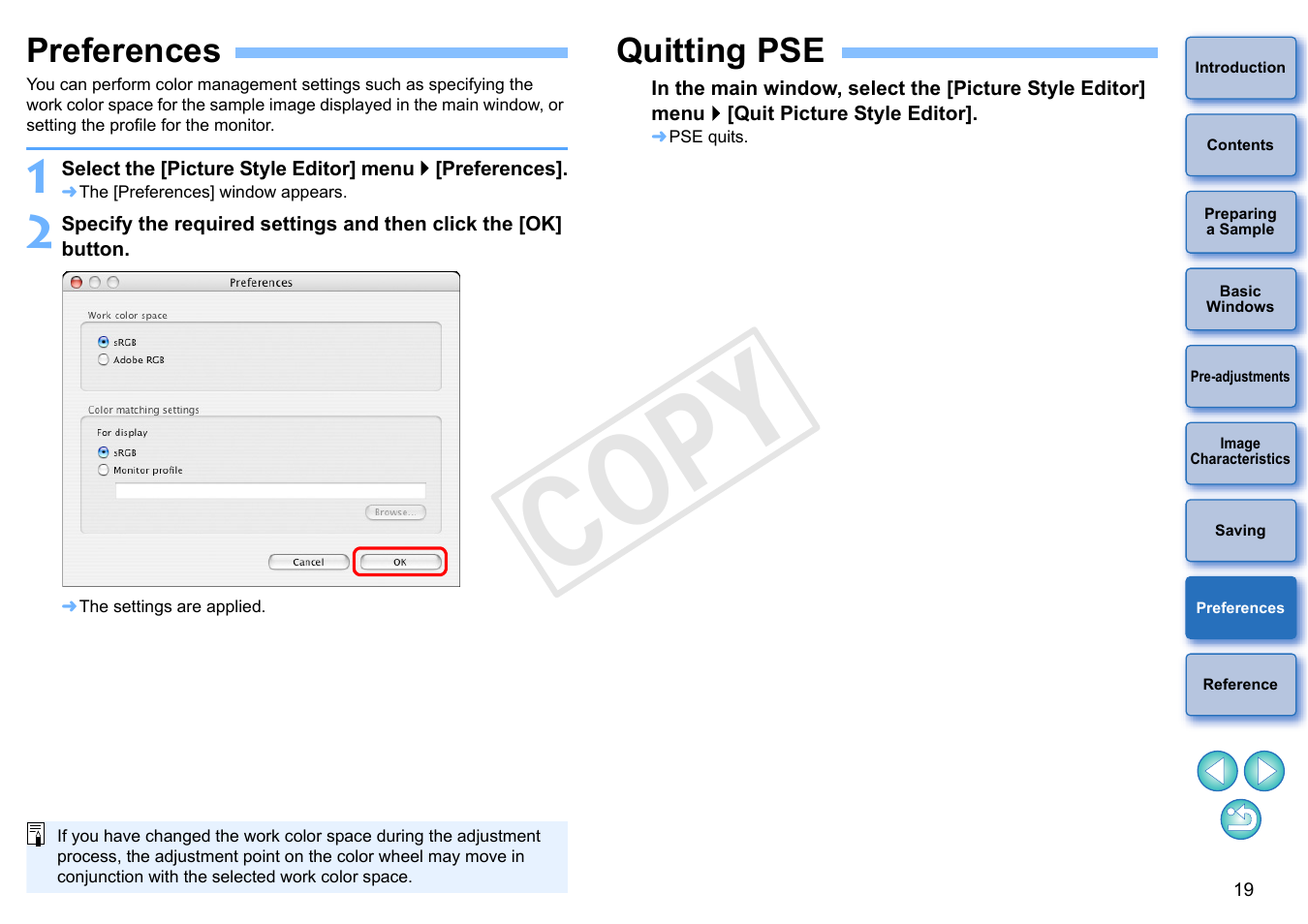 Preferences, Quitting pse, P.19) | Cop y | Canon EOS Rebel SL1 18-55mm IS STM Lens Kit User Manual | Page 20 / 22