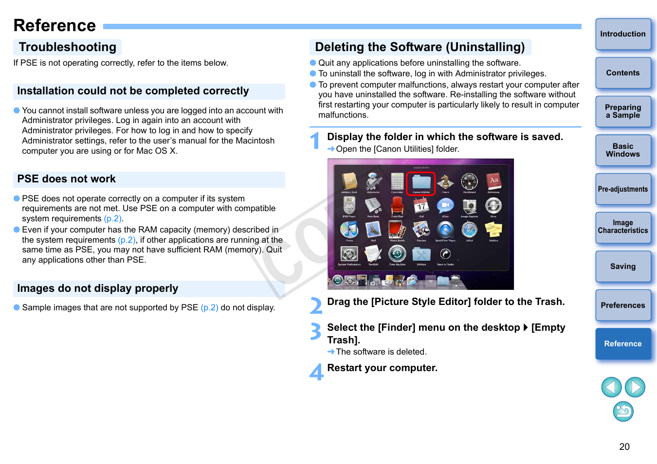 Reference, Troubleshooting, Deleting the software (uninstalling) | Cop y | Canon EOS Rebel SL1 18-55mm IS STM Lens Kit User Manual | Page 21 / 22