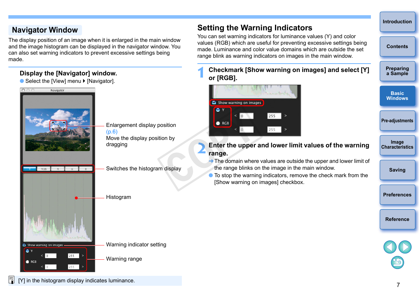 Navigator window, Setting the warning indicators, Sition | P.7), Cop y | Canon EOS Rebel SL1 18-55mm IS STM Lens Kit User Manual | Page 8 / 22