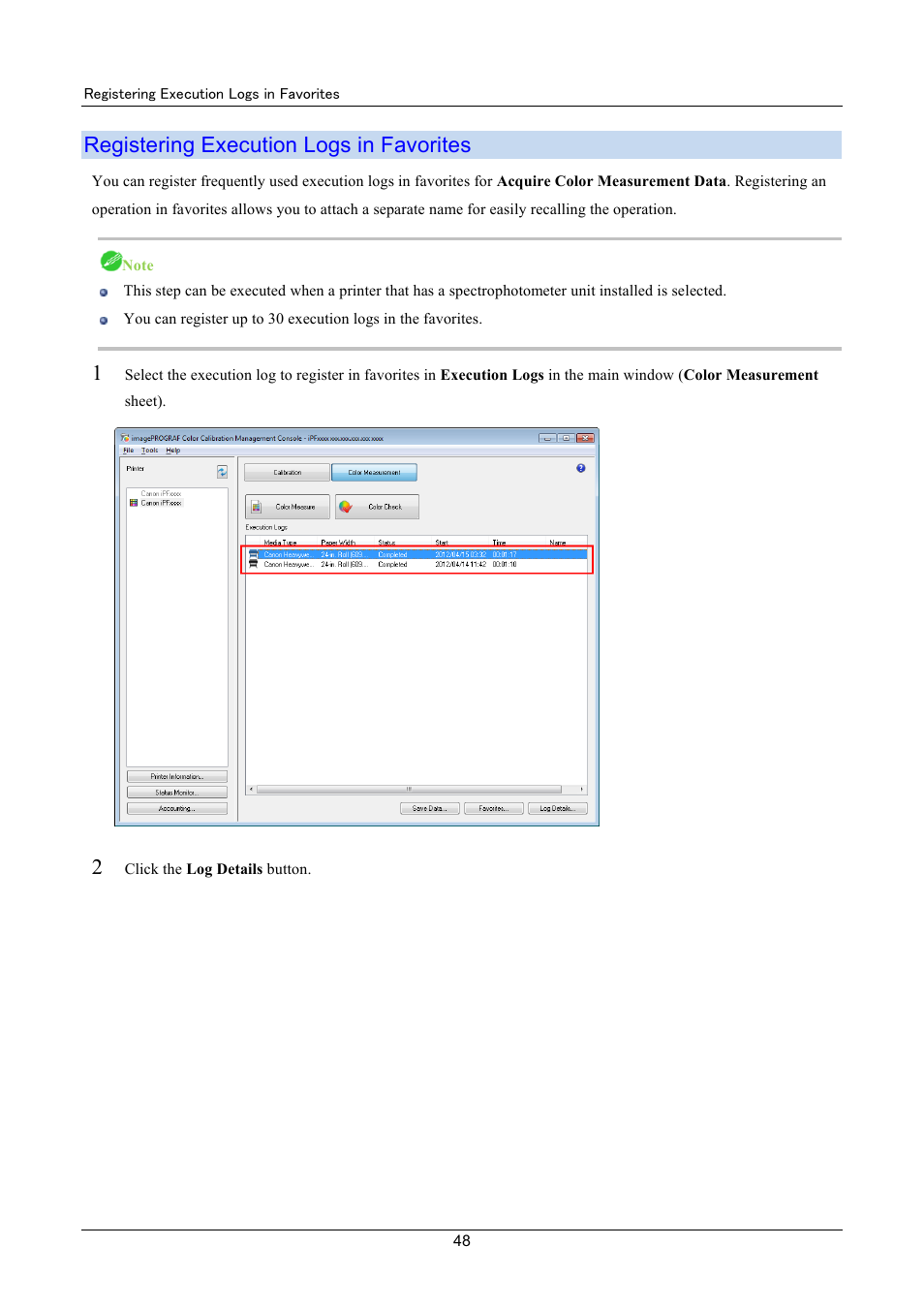 Registering execution logs in favorites | Canon imagePROGRAF iPF6400 User Manual | Page 48 / 55