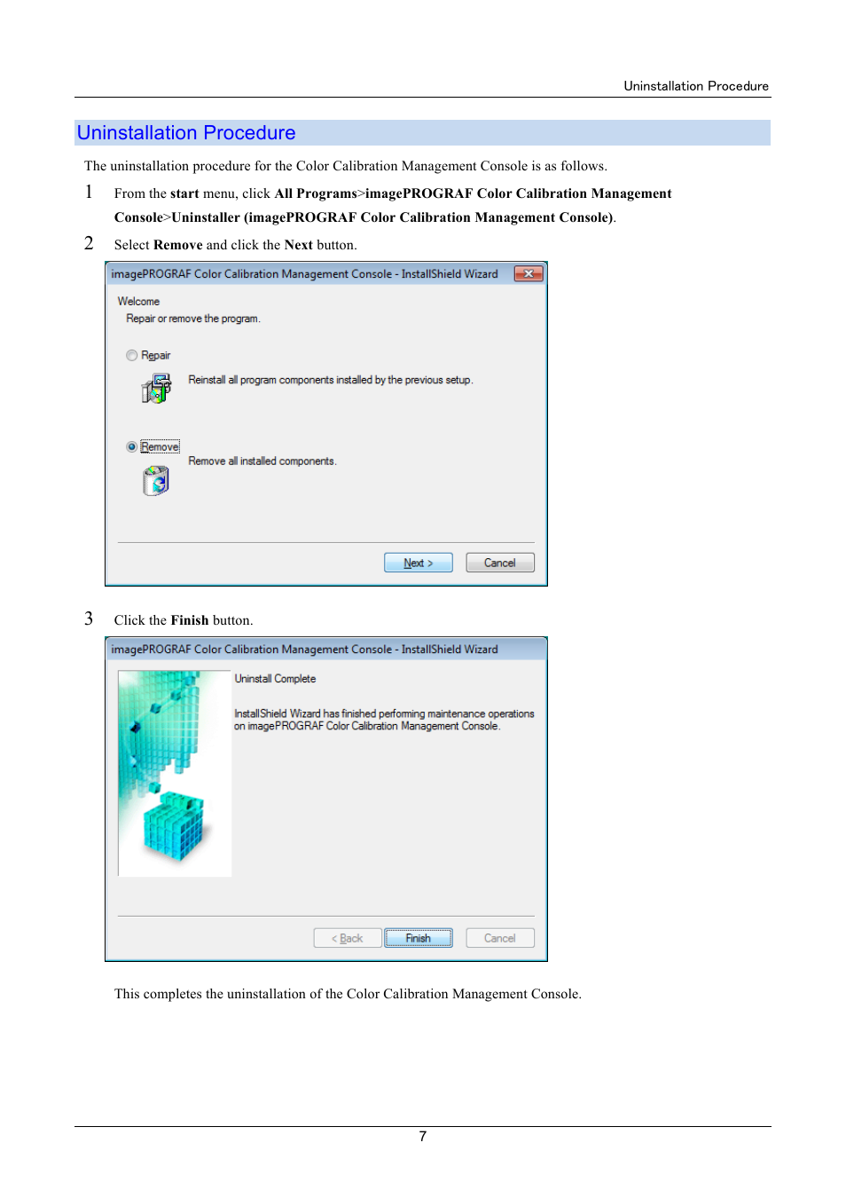 Uninstallation procedure | Canon imagePROGRAF iPF6400 User Manual | Page 7 / 55