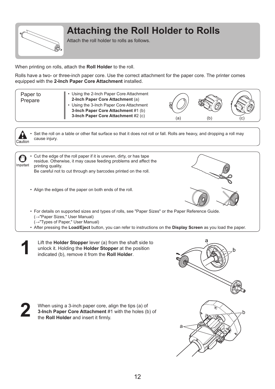 Attaching the roll holder to rolls | Canon imagePROGRAF iPF825 User Manual | Page 12 / 48