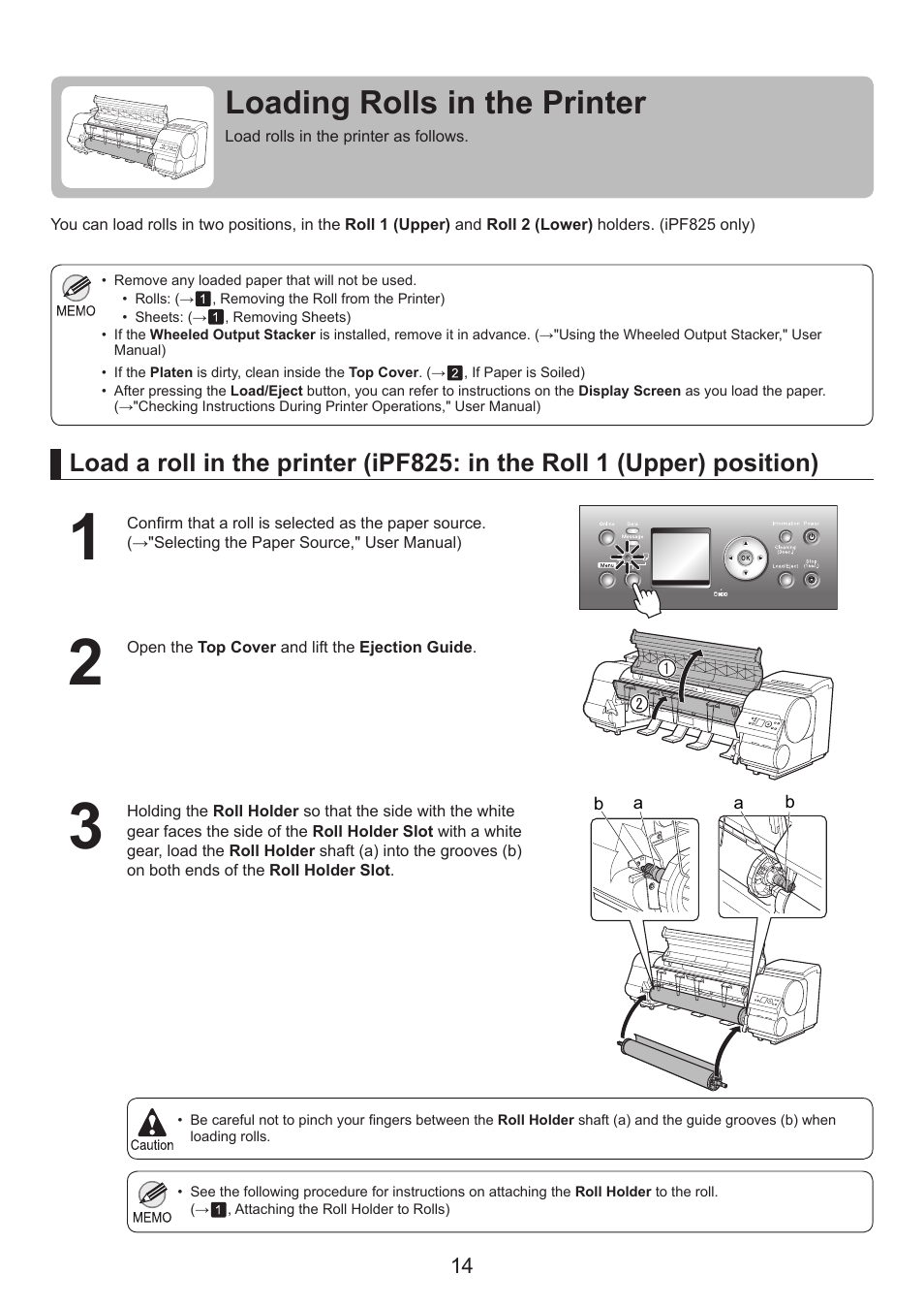 Loading rolls in the printer | Canon imagePROGRAF iPF825 User Manual | Page 14 / 48