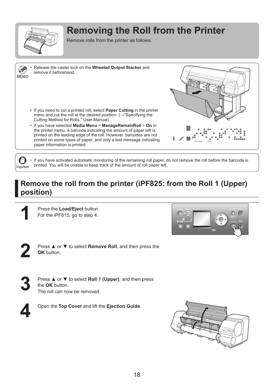 Removing the roll from the printer | Canon imagePROGRAF iPF825 User Manual | Page 18 / 48