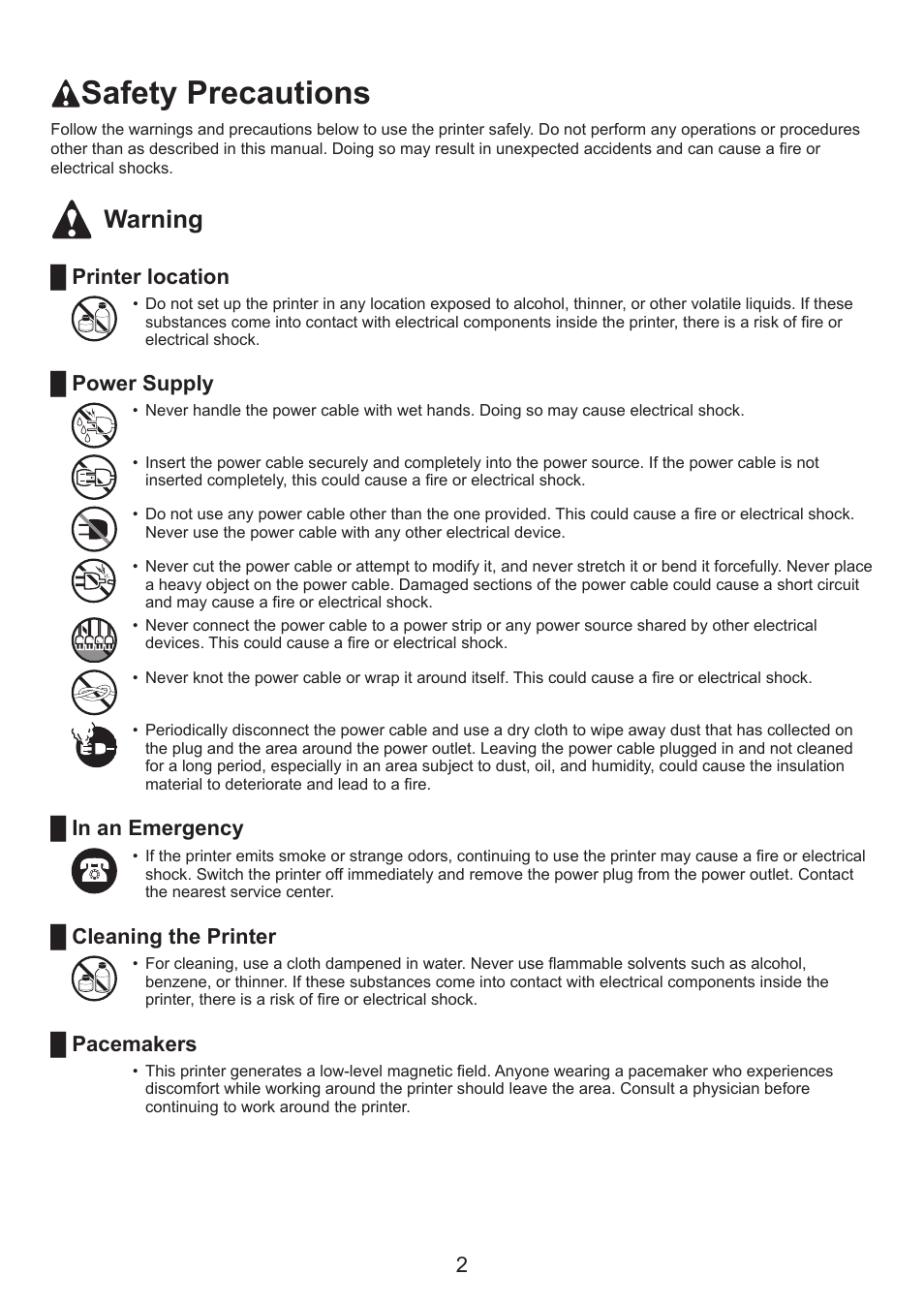 Safety precautions, Warning, Printer location █ power supply | Canon imagePROGRAF iPF825 User Manual | Page 2 / 48