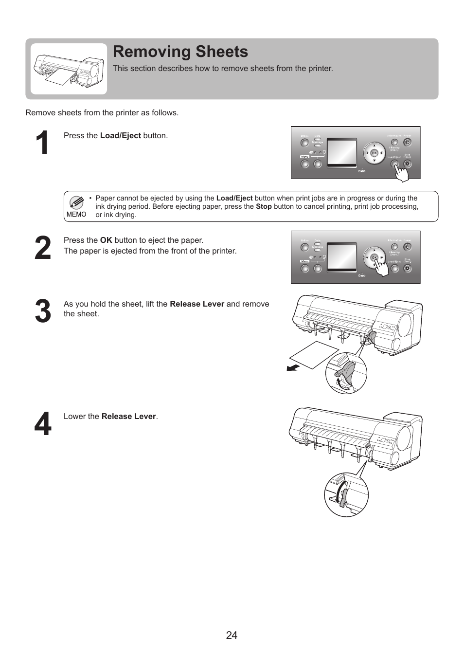 Removing sheets | Canon imagePROGRAF iPF825 User Manual | Page 24 / 48