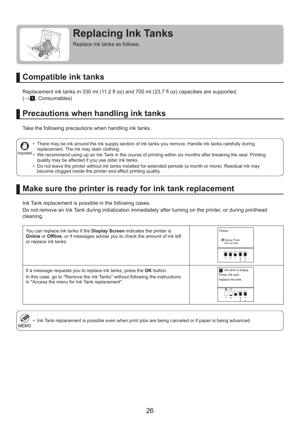 Replacing ink tanks, Compatible ink tanks | Canon imagePROGRAF iPF825 User Manual | Page 26 / 48