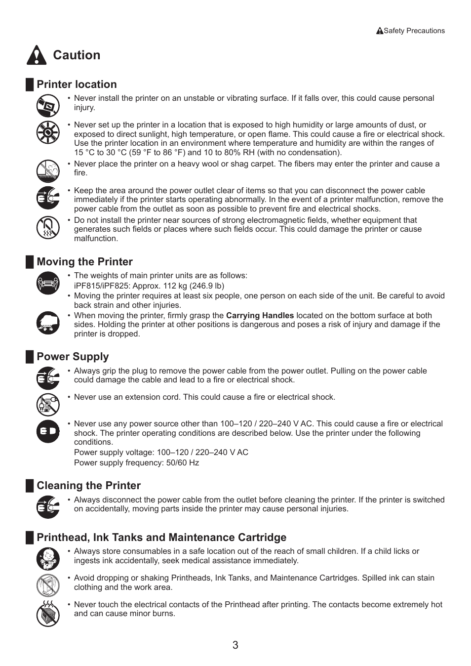 Caution, Cleaning the printer | Canon imagePROGRAF iPF825 User Manual | Page 3 / 48