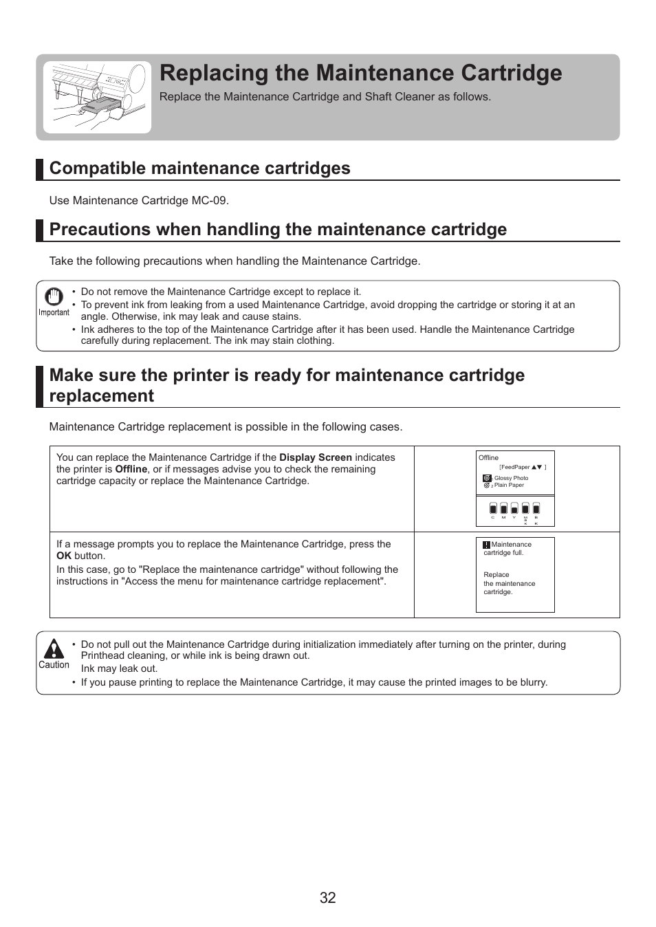 Replacing the maintenance cartridge, Compatible maintenance cartridges | Canon imagePROGRAF iPF825 User Manual | Page 32 / 48