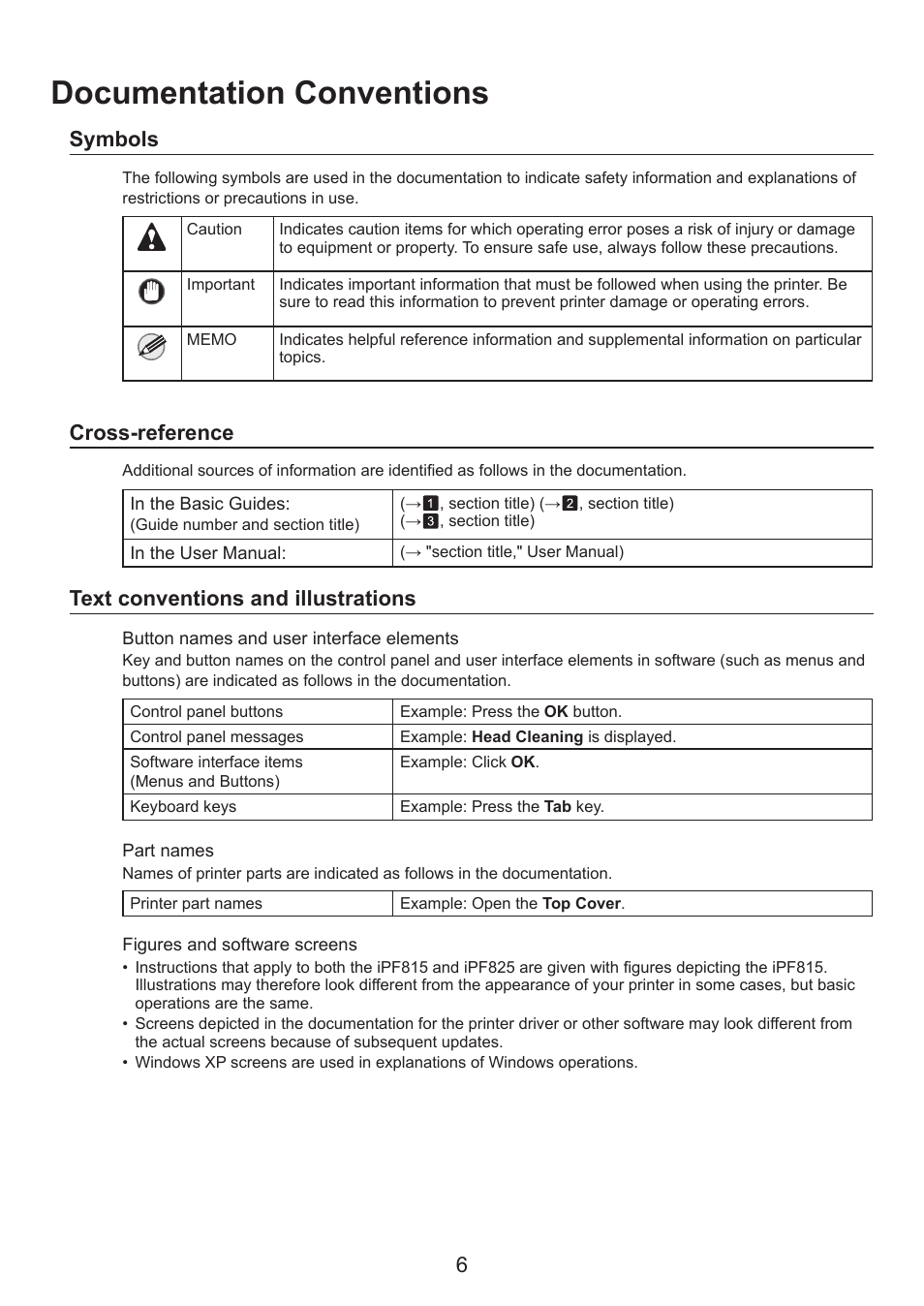 Documentation conventions, Symbols, Cross-reference | Text conventions and illustrations | Canon imagePROGRAF iPF825 User Manual | Page 6 / 48